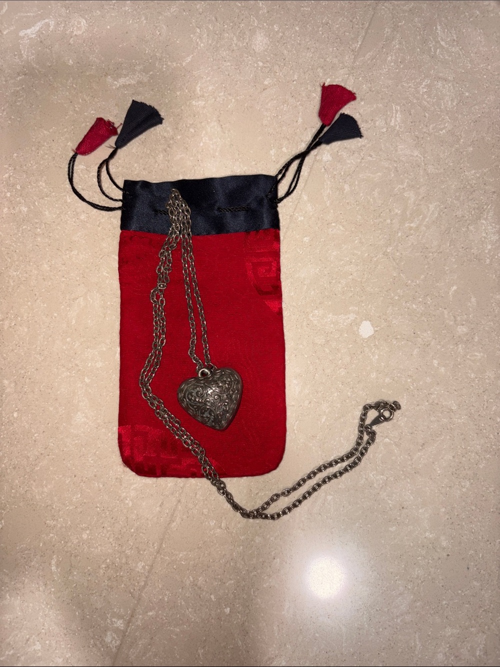 Vintage Silver Heart Pendant Necklace with Red and Navy Drawstring Pouch